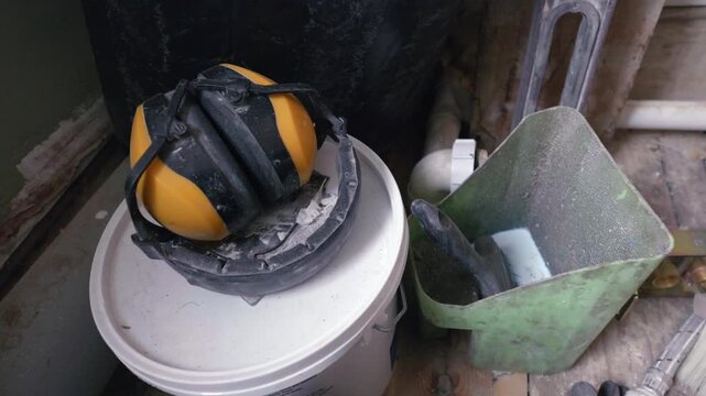 Bathroom renovation; orbit around ear defenders and brush in liquid. daylight