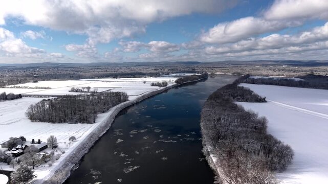 Winter aerial of Hadley, Massachusetts with scenic Connecticut River view