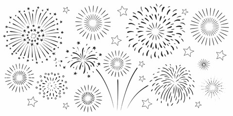 A collection of whimsical fireworks and stars in a black and white sketch