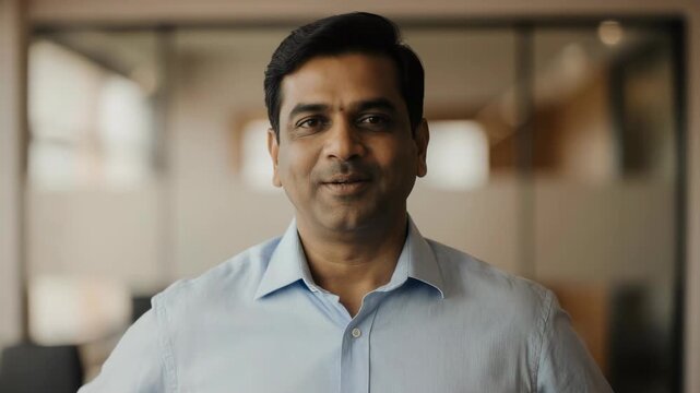 Head shot portrait of mature Indian businessman, company head or executive manager dressed in casual shirt posing for camera standing.