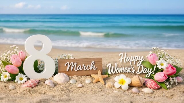 Number 8 with flowers and Happy Women's Day greeting on sandy beach with seashells and ocean in spring sunlight