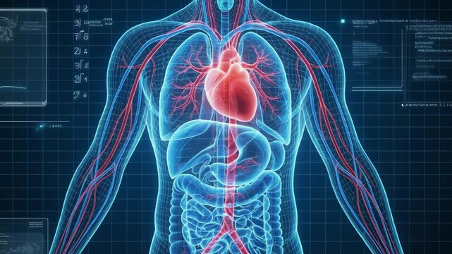 Detailed human anatomy illustration showing heart lungs digestive system and blood vessels in medical concept