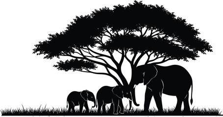 Silhouette illustration of elephants under large tree, wildlife scene with family of three on grassy terrain, black and white vector artwork, nature and conservation themed design © Rezaul