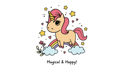 Fototapeta premium Unicorn illustration with pink hair and rainbow on transparent background