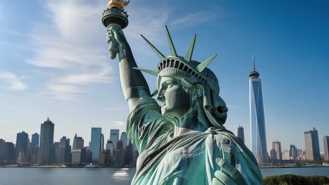 Statue of Liberty close up with Manhattan skyline and blue sky background in New York City