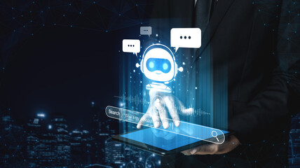 Naklejka premium AI assistant with voice chat interface, combining smart chatbot, voice command, and AI-powered control search tools. Agentic AI assistant helps users search and chat naturally. Spline