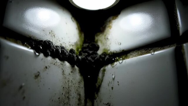 A dark and dingy shower stall corner shows stained tiles and accumulated grime A ceiling light casts an eerie glow on the neglected space The scene evokes a sense of