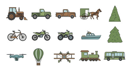 Collection of Various Transportation Vehicles and Natural Elements in Cartoon Style. © Kris