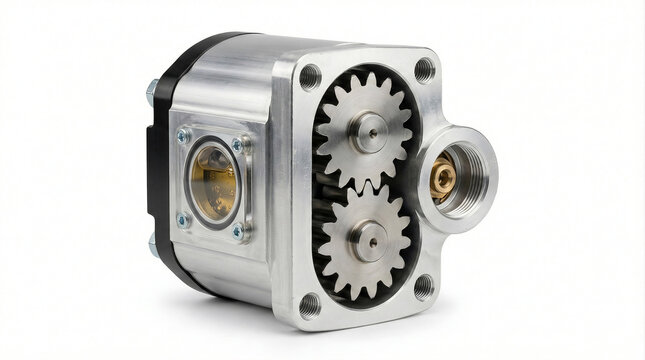 Industrial gear pump, hydraulic gear mechanism, silver metallic assembly, fluid sight glass view, mechanical engineering component
