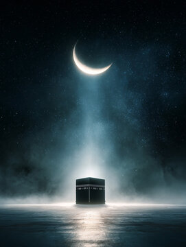 Crescent Moon and Kaaba in Night Sky - Islamic Pilgrimage Holy Site Ramadan Spiritual