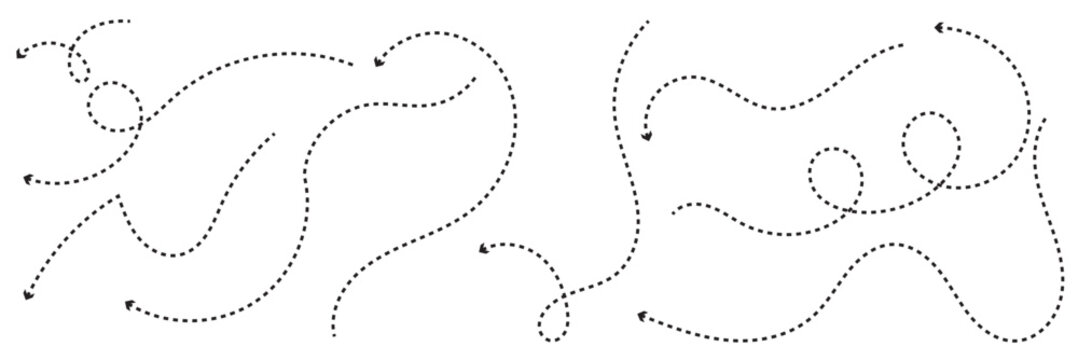 Abstract dotted arrow paths direction . Minimal abstract  of dotted arrows showing movement, direction, and flow, useful for navigation concepts, process visualization, and design backgrounds.