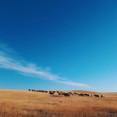 Obraz premium Cattle move gracefully across a serene landscape, enjoying the autumn grass under a clear sky Generative AI