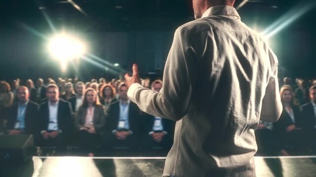 Composed Male Presenter Confidently Communicates Key Messages To Attentive Corporate Attendees In Modern Hall