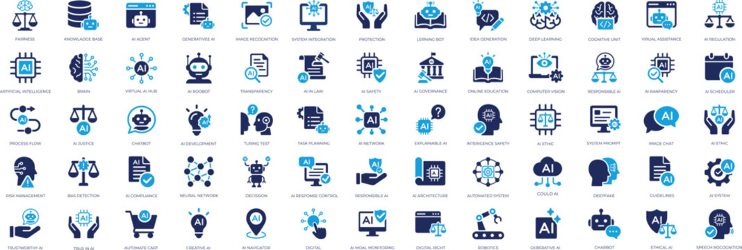 Artificial Intelligence all solid icon set. Related to machine, science, ai, intelligence, technology and more. Minimalist icons collection. Pixel perfect. Solid Vector illustration.