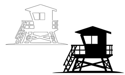 Obraz premium Lifeguard tower station illustration set with stairs and windows in line art and silhouette versions, beach safety rescue building vector design for coastal summer and ocean surveillance theme
