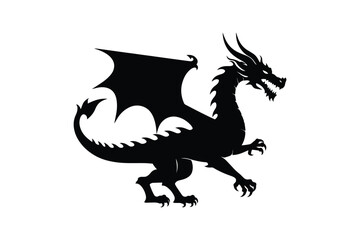 Fototapeta premium Dragon silhouette with wings and sharp claws, mythical creature roaring, isolated on white background