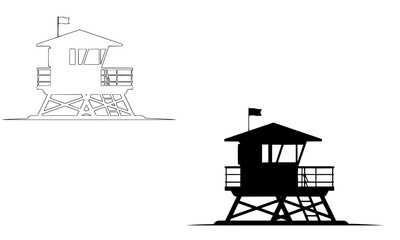 Fototapeta premium Lifeguard station tower illustration set with line art and silhouette versions, beach safety rescue hut vector design for summer coastal ocean and tropical vacation theme