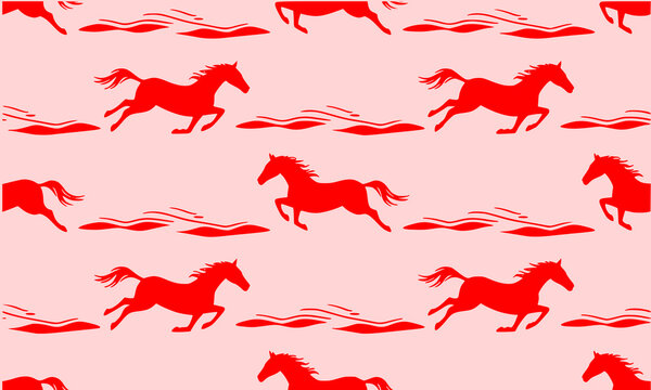 Seamless pattern with running red horses and brush strokes on pink background, dynamic equestrian motion vector illustration for wild animal and energetic design theme