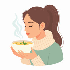 A woman enjoys a steaming bowl of soup on a cold day, cradling it in her hands with a look of satisfaction.