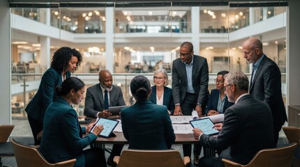 Fototapeta premium Diverse group of professional multiracial adult business executives and architects collaborating on blueprints and digital data in a modern office boardroom during a morning meeting.