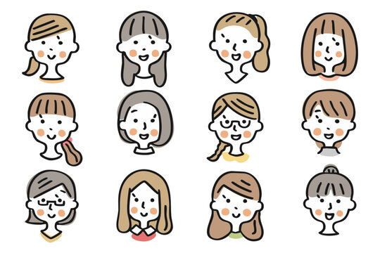 女性の顔のアイコンセット①