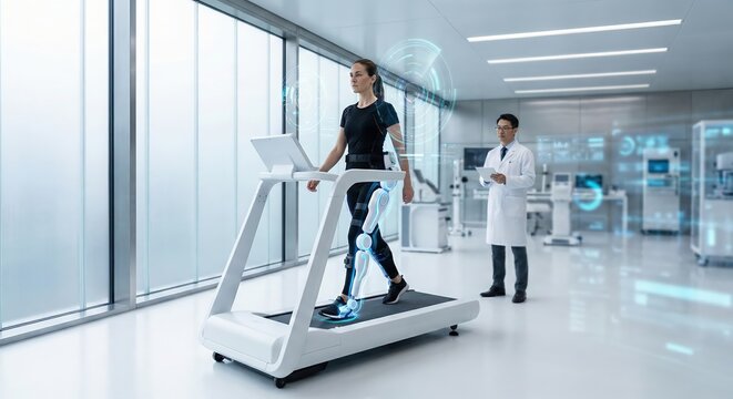 Asian male doctor in white lab coat monitoring an adult woman using a robotic exoskeleton on a treadmill in a high-tech medical clinic, concept of futuristic healthcare and physical therapy.