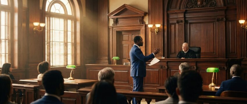 Professional African American lawyer in blue suit standing in traditional wood-paneled courtroom presenting a case to a senior judge, legal defense during a daytime trial session.