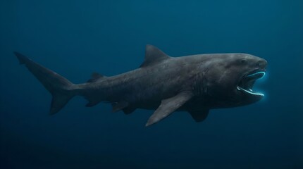 Obraz premium Deep Sea Shark with Bioluminescent Glowing Mouth in the Dark Abyss