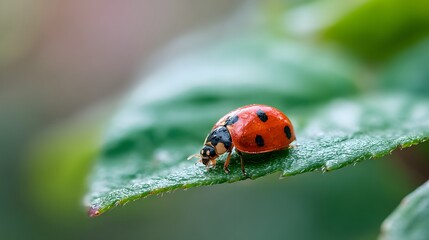 Obraz premium Close-up of a vibrant red ladybug with black spots resting on a lush green leaf in a natural outdoor setting.