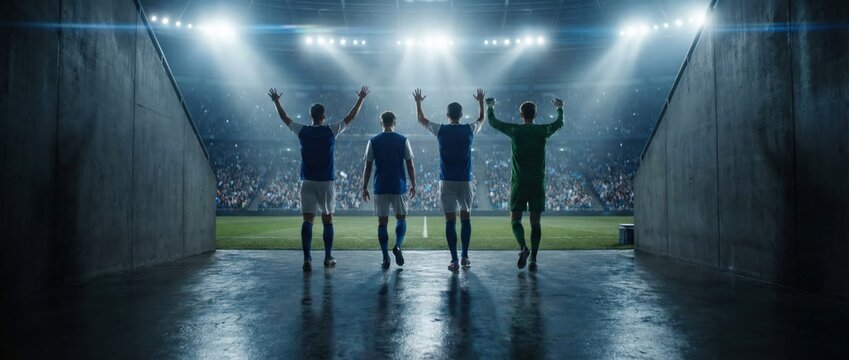Excited multiethnic male professional soccer players walking out of a dark tunnel into a bright floodlit stadium at night, teammates entering the arena for a championship match, sports concept