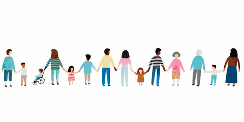 Diverse group of people holding hands in a horizontal line illustration