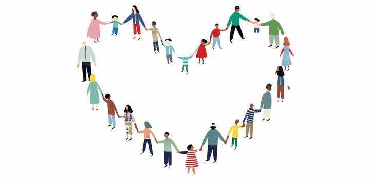 Diverse group of people forming a heart shape holding hands together
