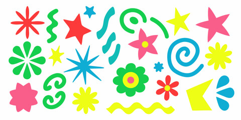 Fototapeta premium Colorful abstract shapes and floral designs scattered on a white background