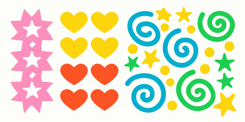 Colorful assortment of shapes including hearts stars and spirals