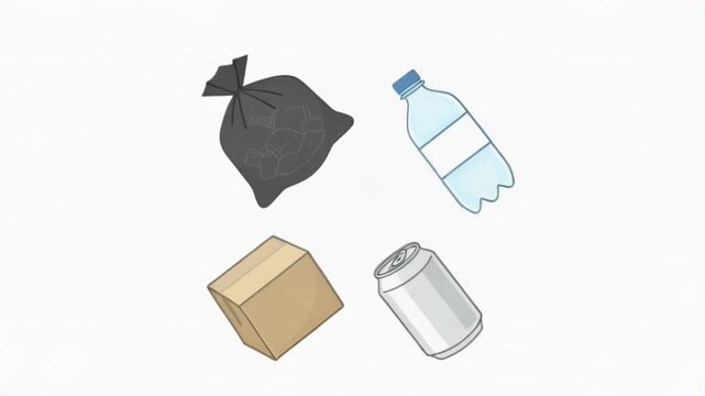 Assorted recyclable items including bottles, jars, a cardboard box and containers.