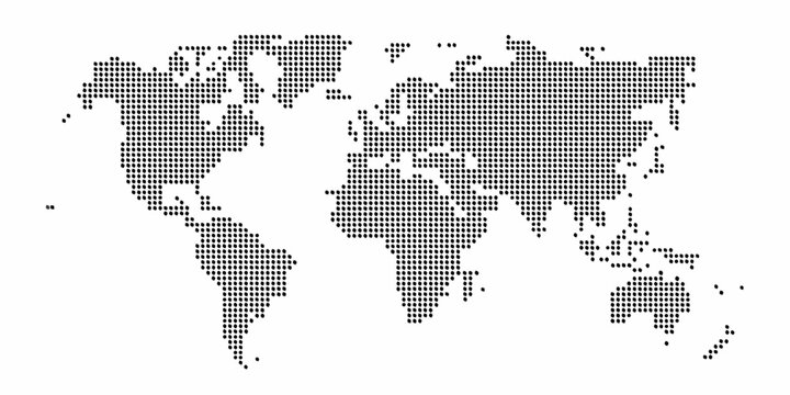 Pixelated world map illustration in black and white showing continents