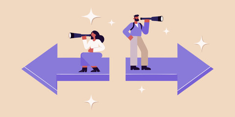 Two people looking through telescopes at opposite directions with arrow indications