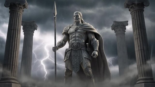 Epic warrior statue with spear and cape surrounded by ancient columns under stormy lightning sky