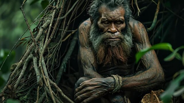 An ancient human, a prehistoric hominid, sits crouched in a rough shelter made of branches, surrounded by dense jungle vegetation. This early ancestor appears to be resting during the day