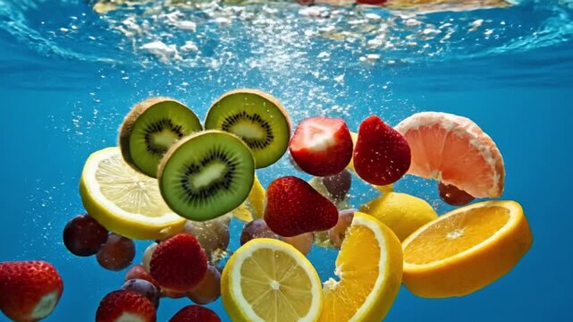 Vibrant assortment of fresh fruits splashing into clear blue water