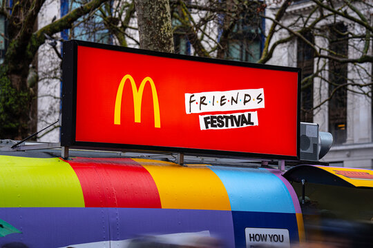 McDonald&rsquo;s McFleet Fast Food Truck, Friends TV Show Festival Sign, McDonalds Pop-up Activation Brand Experience, Leicester Square, London, United Kingdom - February 2026