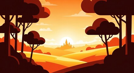 Naklejka premium Sunset landscape with silhouetted trees and distant cityscape