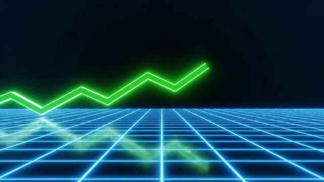 Animated neon green line chart growing upwards on dark blue retro digital grid background, representing success and growth
