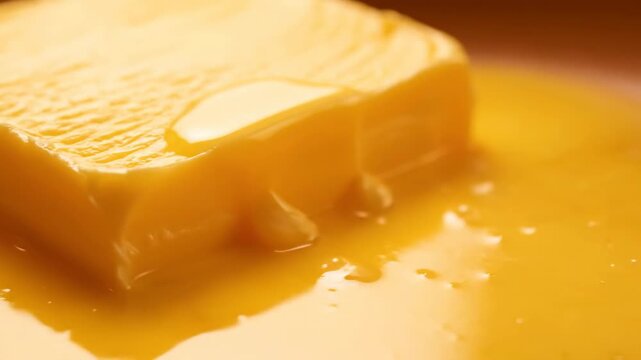 Smooth golden butter block melting slowly with a glistening drop on top forming a liquid pool
