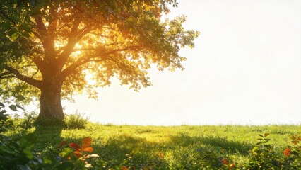 Obraz premium Sunlit green meadow with large tree and soft sunlight,representing peace,hope,nature harmony,environmental wellbeing and calm summer landscape