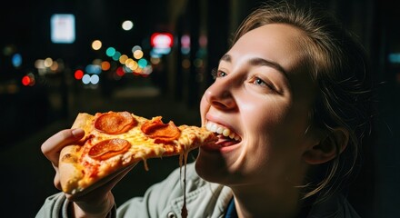 Woman Enjoys Mouthwatering Pepperoni Pizza on Vibrant City Night