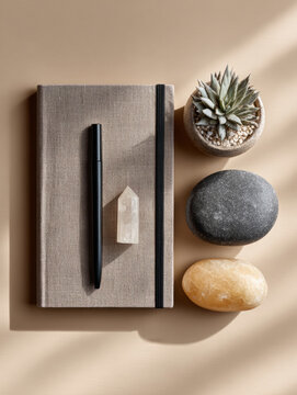 Minimalist desk setup with notebook, pen, and stones on beige background