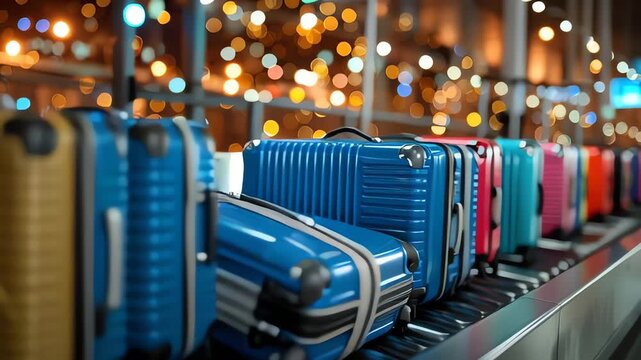 A row of colorful suitcases on a conveyor belt at an airport baggage claim area.