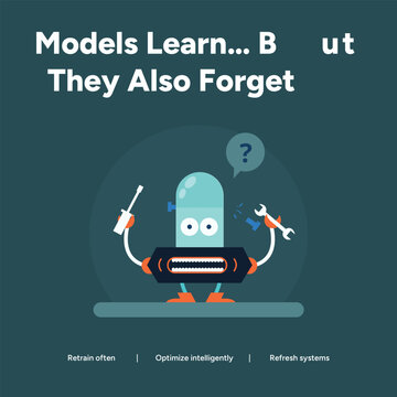 A confused robot with tools suggests AI models learn but also forget, requiring retraining and system refresh for optimal performance.