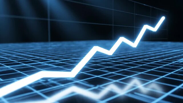 Futuristic line graph drawing itself upwards, showing exponential business growth and financial success on a dynamic blue grid background.